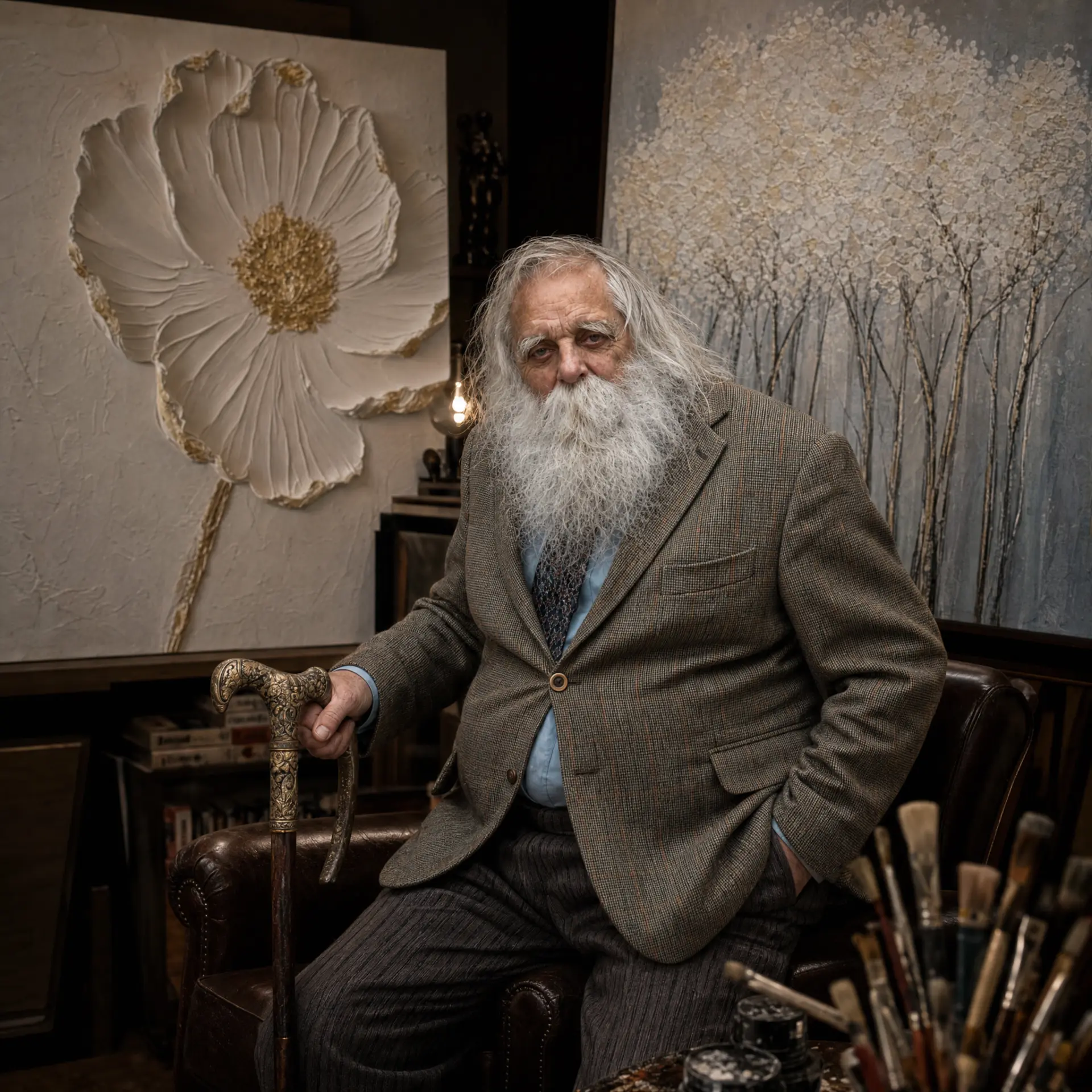Philibert de Saint Phalle assis dans son atelier, appuyé sur sa canne devant ses peintures