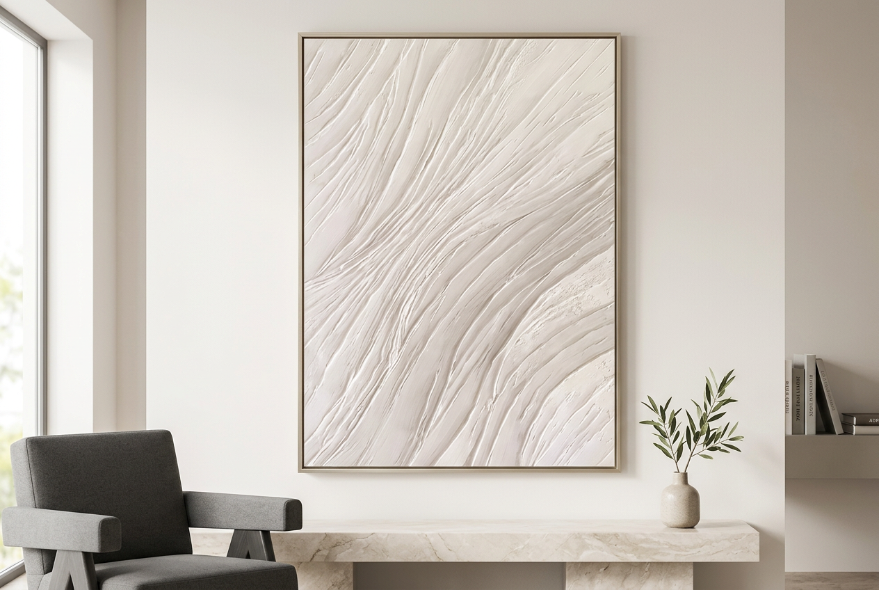 CONFRONTATION in a champagne frame above a marble console