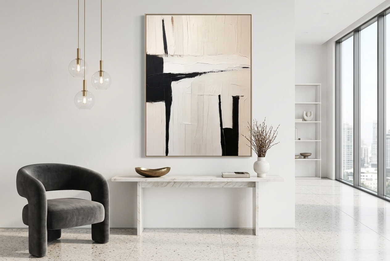 IVORY CROSSING in a champagne frame above a marble console in a bright living room