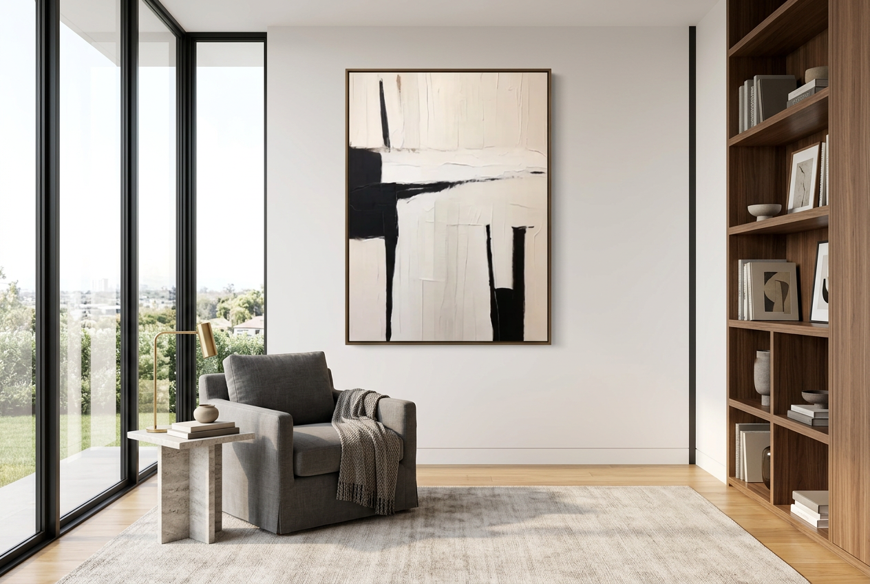 IVORY CROSSING in a dark bronze frame beside a grey armchair and a wooden bookcase