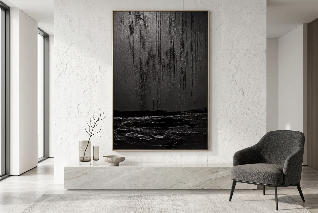 NOCTURNE in a champagne frame on a light wall above a marble console