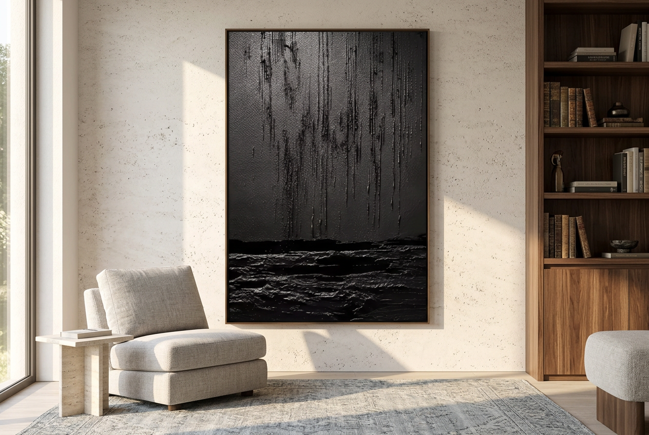 NOCTURNE in a dark bronze frame in a bright reading corner with a wooden bookcase