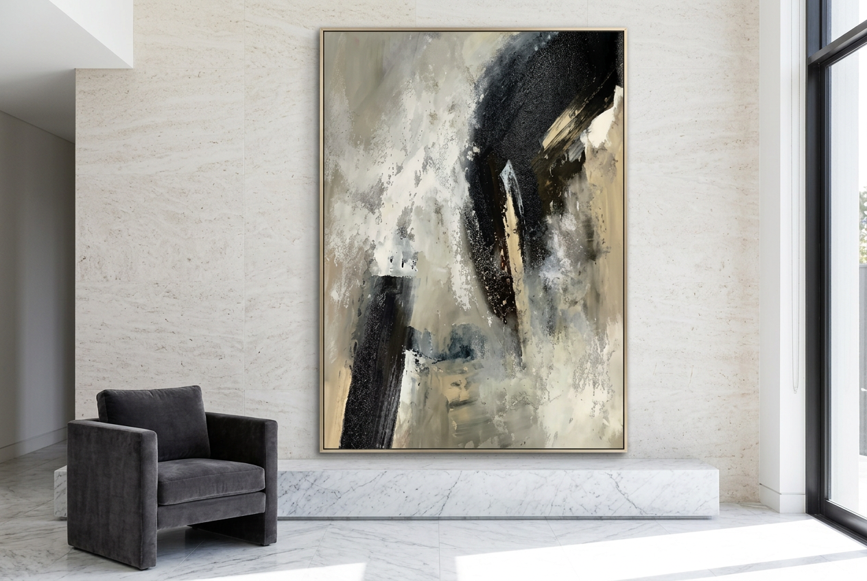 OBSIDIAN FLOW in a champagne frame above a marble console in a bright living room