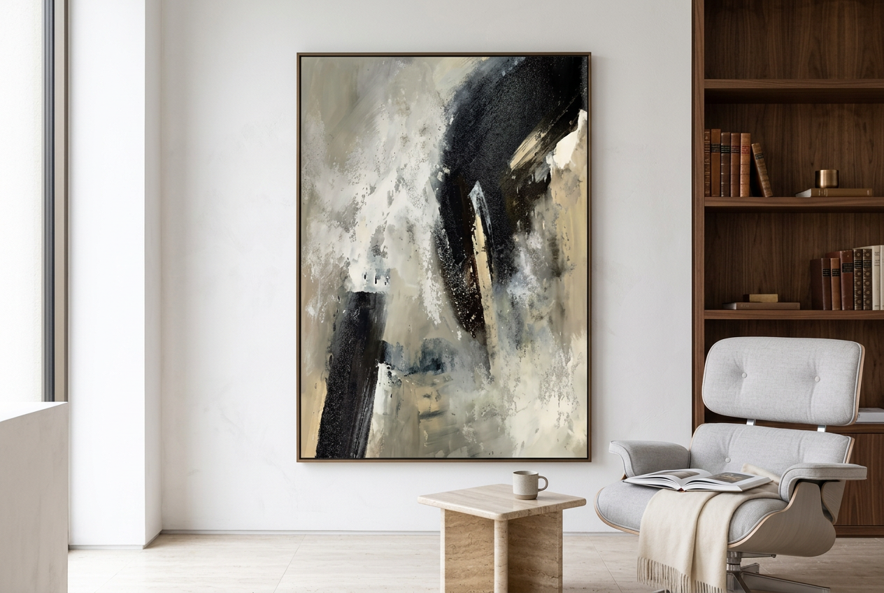 OBSIDIAN FLOW in a dark bronze frame beside a grey armchair and a wooden bookcase