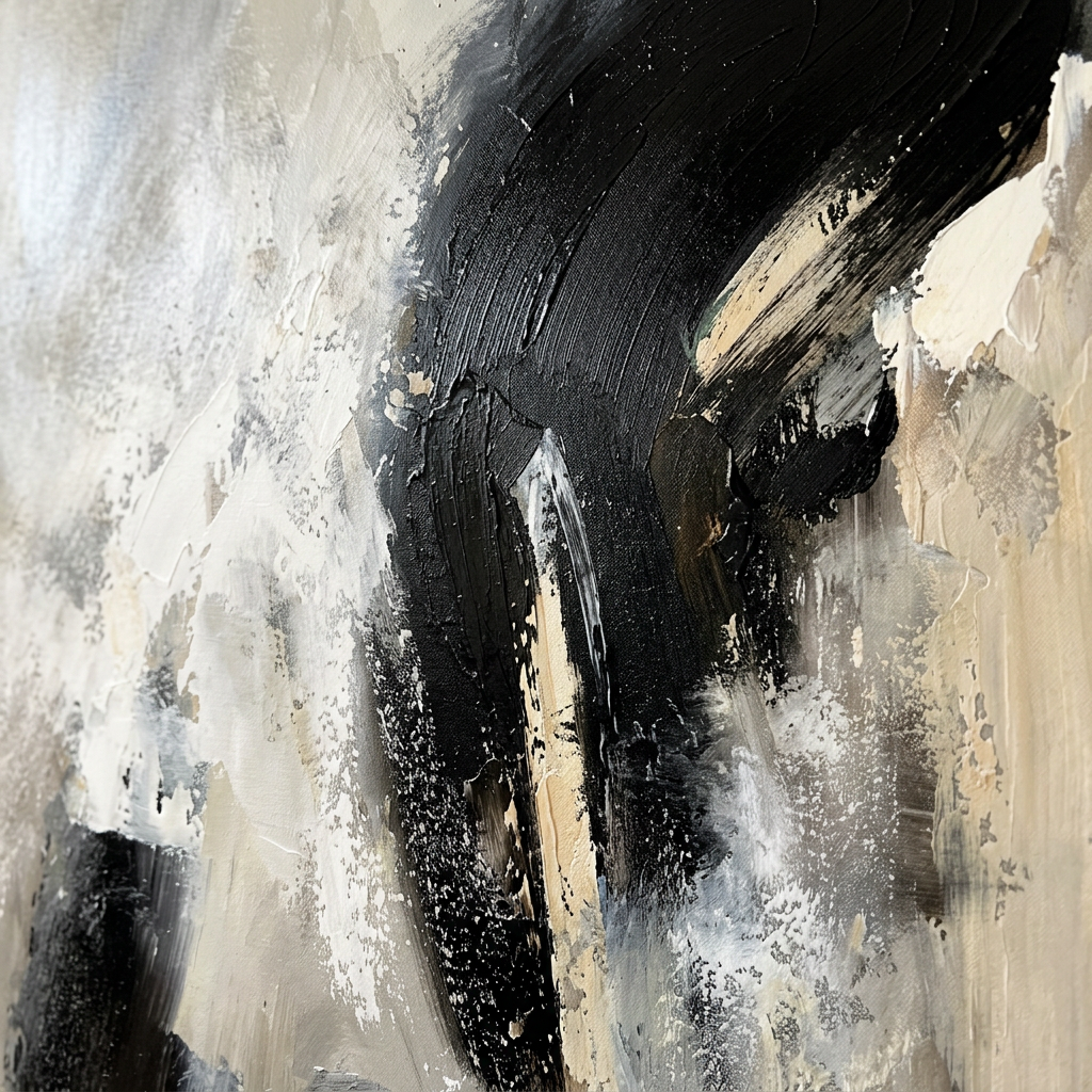 Close-up interpretation of the black gesture and ivory passages of OBSIDIAN FLOW