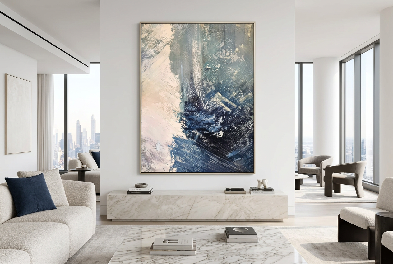 WHISPERING LIGHT in a champagne frame above a marble console in a bright living room