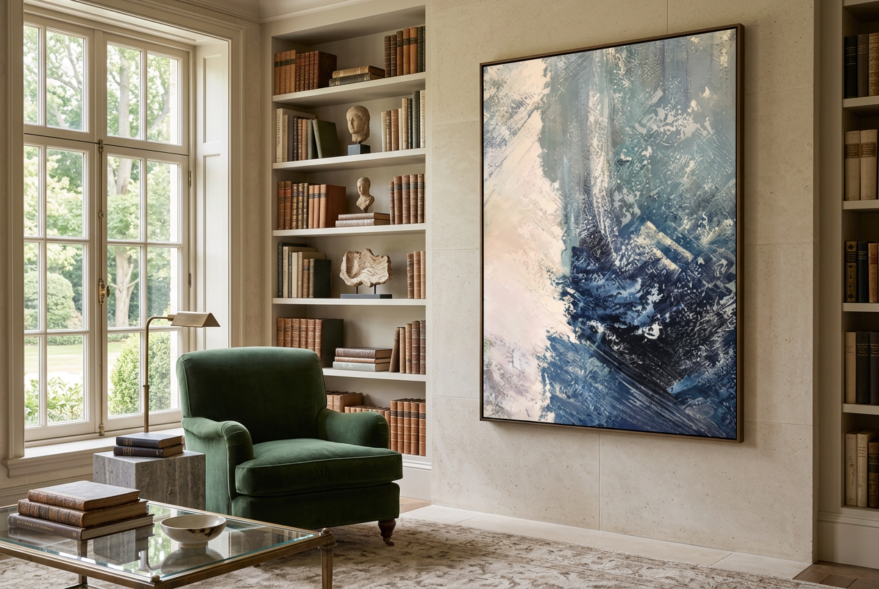 WHISPERING LIGHT in a dark bronze frame beside a green armchair and a bookcase