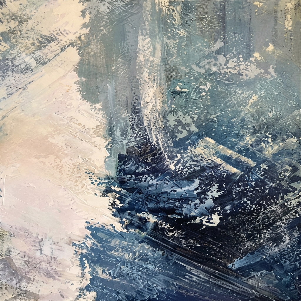 Close-up interpretation of the ivory, blue-grey and deep blue marks of WHISPERING LIGHT