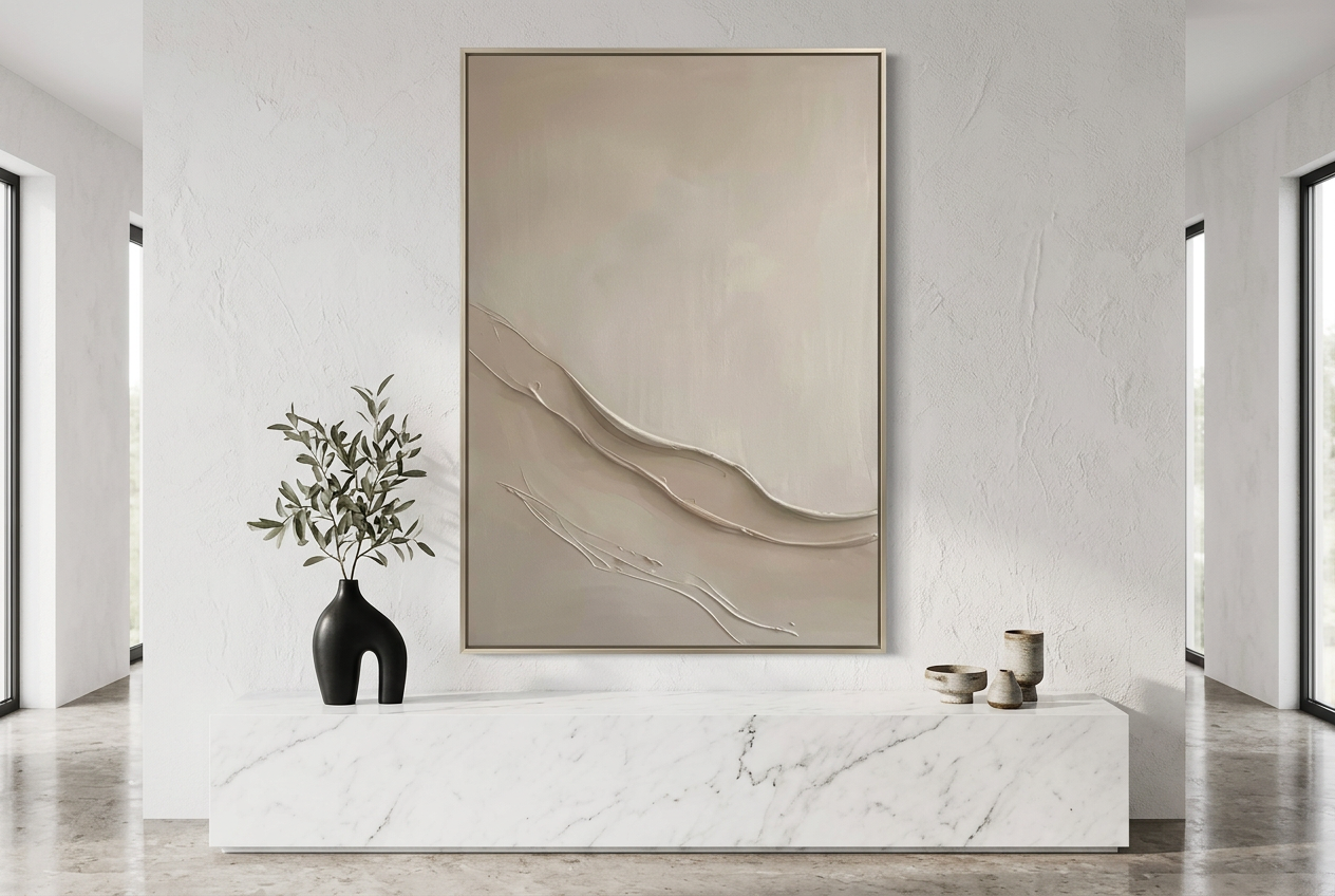 CRASHING WAVES in a bright interior above a marble console